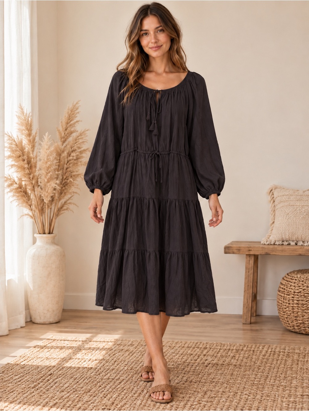 Old Navy Black Tiered Midi Dress with Tie Neck